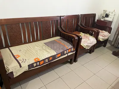 Solid Handcrafted Wooden Sofa Set - 3-Seater Bench + 2 Seater Bench + 2 Armchairs (Good Condition)