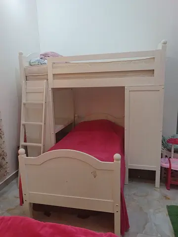 White Wooden Bunk Bed with Lower Double  Upper Single — Good Condition