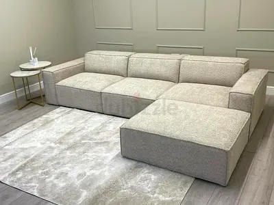 Large Modern Modular Fabric Corner Sofa with Chaise - Light Beige