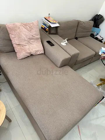 Light grey L-shaped fabric sofa with chaise - good condition