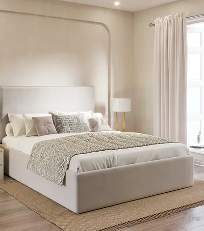 Upholstered Double Bed with Headboard - Neutral Beige