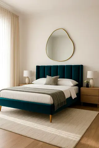 Velvet Upholstered Bed Frame with Headboard - Teal, Double/Queen