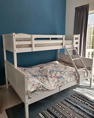 White Wooden Bunk Bed (Single over Double) with Ladder - Very good Condition
