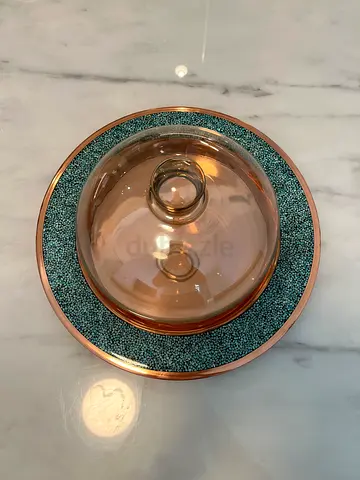 Decorative glass bowl with turquoise beaded rim copper ,handmade
