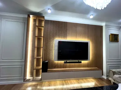 Modern Wall-mounted Entertainment Unit with LED Backlighting and Shelves