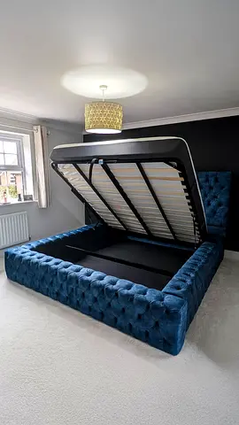 Blue Velvet Ottoman Storage Bed - King Size