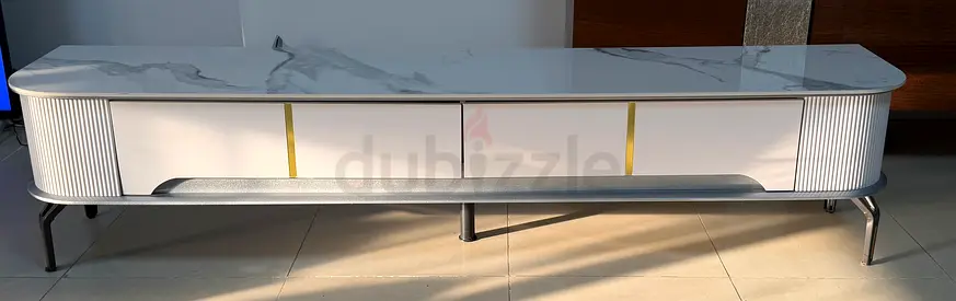 Low Modern TV Unit with Marble Top and Gold Accents