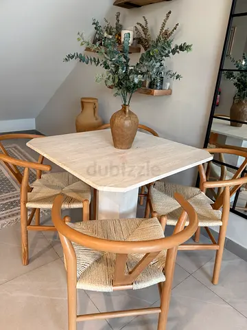 Travertine Table with 4 wish bone Seat Chairs -