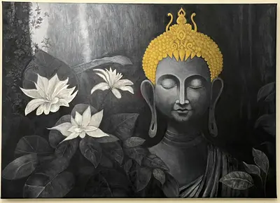Hand-painted monochrome Buddha canvas with gold headdress