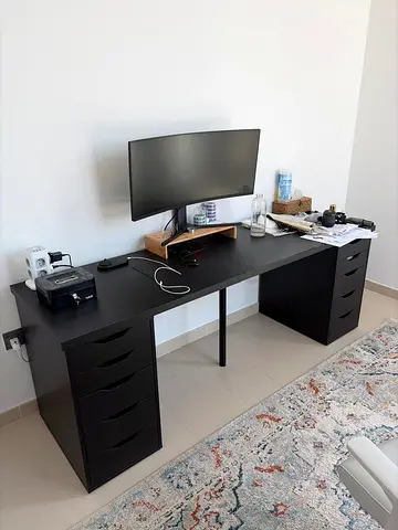 Large Black Double Pedestal Office Desk with Drawers + Office Chair, Good Condition