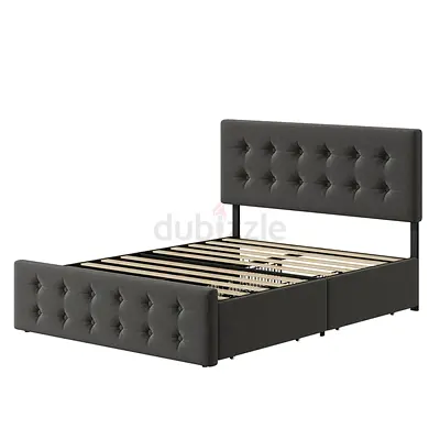 Tufted Fabric Double Bed Frame with Headboard and Storage Base - Dark Grey