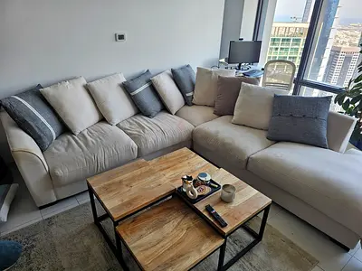 Beige L-shaped Corner Sofa with Chaise and Cushions, purchased for 5,500