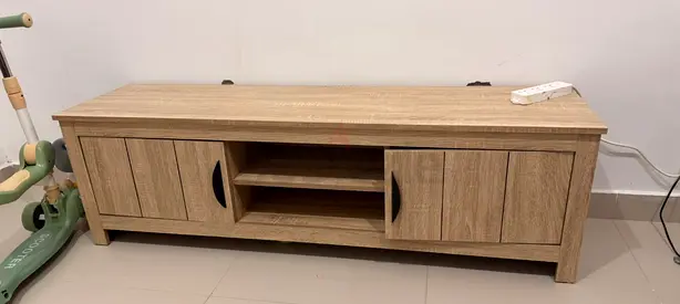 Low wooden TV cabinet with storage shelves and doors - light oak finish