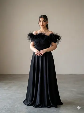 Elegant Black Off-Shoulder Feather Trim Evening Gown