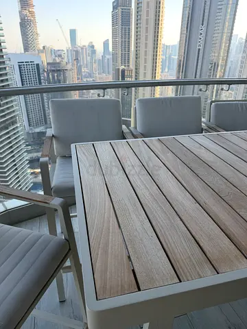 Outdoor 6-Seater Teak-Style Dining Table with Cushioned Chairs