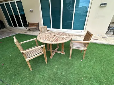 Outdoor Teak Round Dining Table with Matching Chairs - Good Condition - 2 Sets