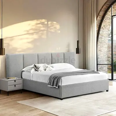 Grey Upholstered Double Bed with Headboard