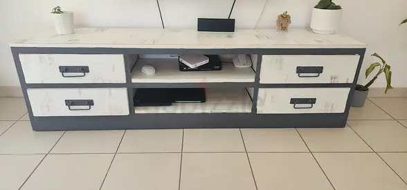 Low TV Stand / Entertainment Unit with 4 Drawers - Rustic White  Grey