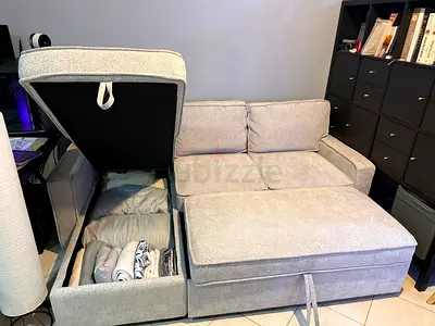 Light grey L-shaped storage chaise sofa bed