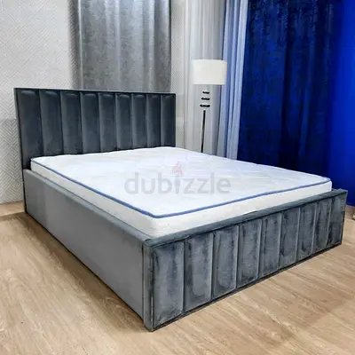 Grey Velvet King Bed Frame with Padded Headboard and Storage Base