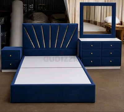 Blue Upholstered Bed Frame with Matching Dresser and Nightstand - Modern Set