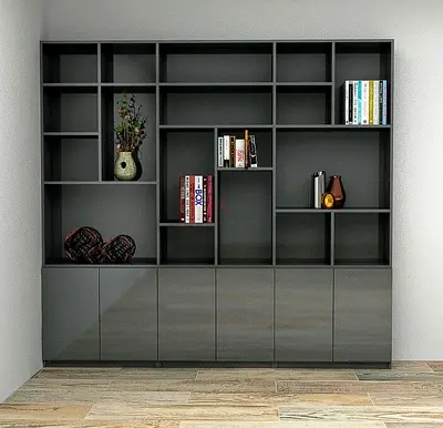 Large Modern Wall Bookshelf with Lower Cabinets - Dark Grey Finish