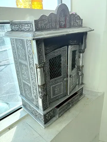 Intricately Engraved Metal Miniature Temple Cabinet