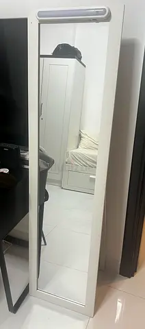 Full-Length White Framed Mirror with Overhead Light