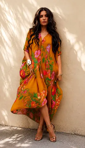 Zara Chiffon Kaftan Dress in a Floral Print