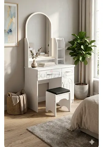 White Wooden Dressing Table with Mirror and Stool - Compact Vanity