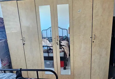 Light Wood 6-Door Wardrobe with Mirrored Panels