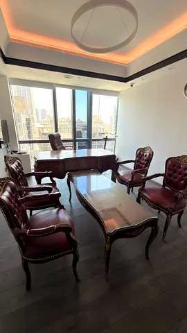 Antique-Style Leather Office Set — Desk, Coffee Table  4 Armchairs