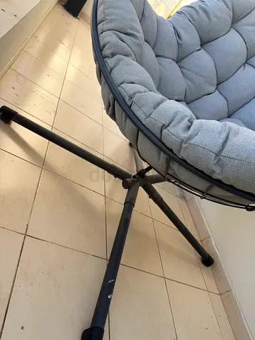 Gray cushioned hanging egg chair with metal stand - good condition