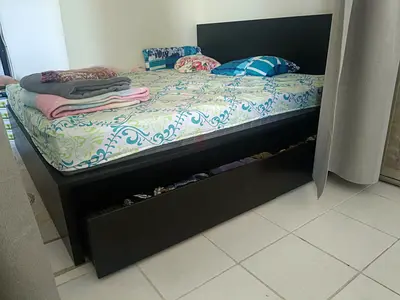 Queen storage bed frame with under-bed drawer - dark wood
