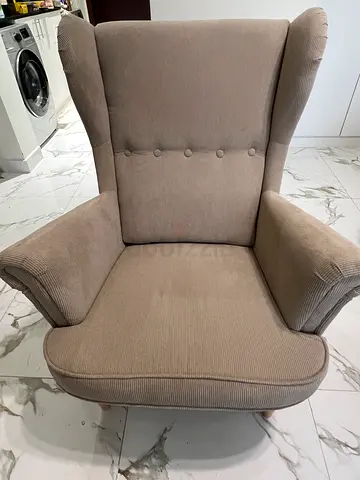 Beige Upholstered Wingback Armchair — IKEA Strandmon