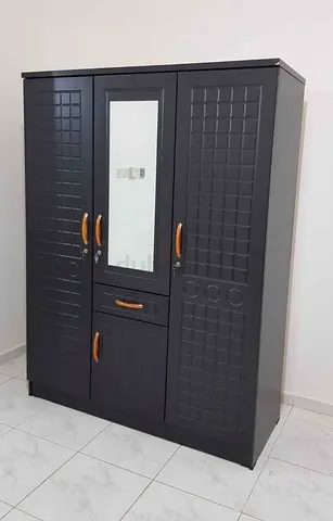 Dark Grey 3-Door Wardrobe with Mirror and Drawers - brand new