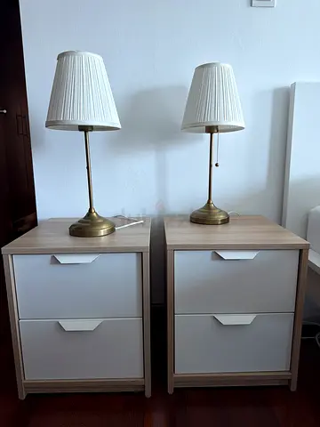 Pair of bedside tables with matching brass table lamps