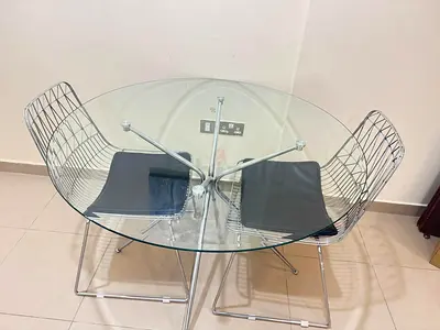 Glass Round Dining Table with 2 Wire Frame Chairs - Modern Set