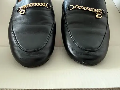 Black Leather Loafers Coach with Gold Chain Detail