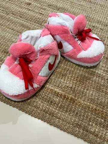 Pair of pink  white plush indoor slippers (womens) - like new  size 36-40