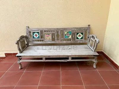 Vintage Carved Wooden Daybed with Painted Tile Inlays