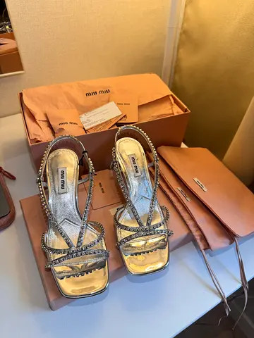 Miu Miu Crystal Embellished Metallic Leather Sandals