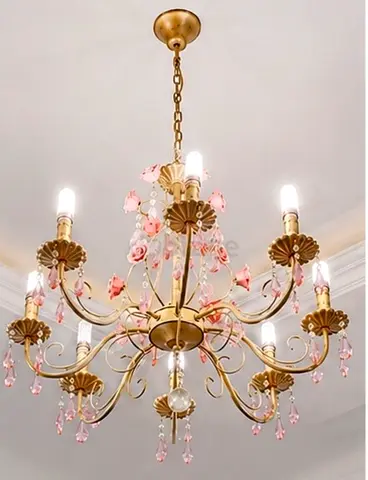 Elegant Gold  Pink Crystal 8-Arm Chandelier - Floral Design