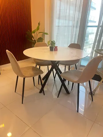 Round Marble-Top Dining Table with 4 Modern Chairs