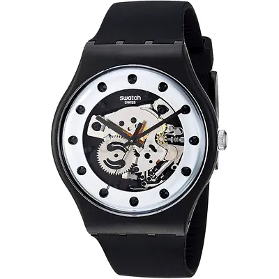 Swatch Black Skeleton Dial Mens Watch - Classic Casual Strap