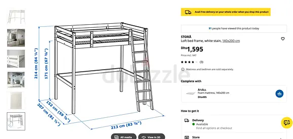 White Metal Loft Bed Frame (IKEA STORA style) - Single/Twin Elevated Bed with high quality mattress