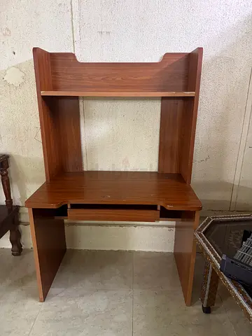 Compact Wooden Computer Desk with Upper Shelf and Keyboard Tray