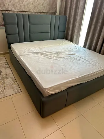 Dark Grey Upholstered Queen Bed Frame with Headboard - Good Condition