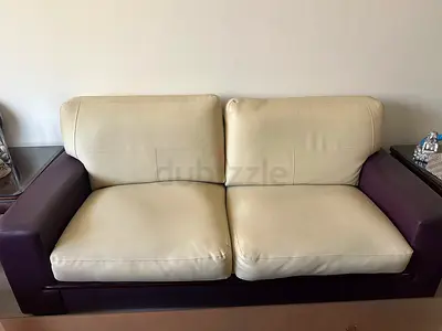 Pair of Brown  Cream Leather sofa set. 3+2+1+1