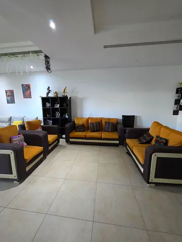 Wood Frame Sofa Set with Yellow Cushions - 3+1+1+2